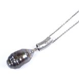 A 9ct white gold Tahitian pearl pendant necklace, with diamond set brushed gold bale, on 9ct