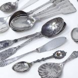 Various silver cutlery, including shell bowl caddy spoon etc, 9oz total