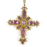 A Victorian gilt-metal and pink topaz crucifix pendant necklace/brooch, on gilt-metal chain, pendant