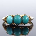 An 18ct gold 3-stone cabochon turquoise half-hoop ring, setting height 7mm, size O, 3.7g