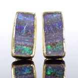 A pair of handmade designer 18ct gold rectangular Yowah Australian opal panel earrings, maker's