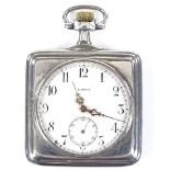 OMEGA - an unmarked silver square-cased open-face top-wind pocket watch, white enamel dial with Deco
