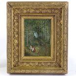 19th century oil on canvas, woman in woodland, unsigned, 8" x 6", framed