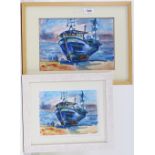 Maureen Connett, watercolour, Hastings fishing boat, 8" x 11.5", framed, and watercolour, beached