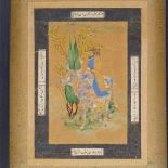 A Persian watercolour on paper depicting a figure riding a bull, with text inscription, frame