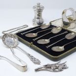 Various silverware, including peppermill, napkin rings, sifter spoon etc