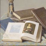 Italian School, oil on canvas, still life study books on a table, indistinctly signed, 16" x 20",