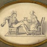 An 18th/19th century miniature ink drawing depicting 2 gentlemen, unsigned, in gilt-metal and silk