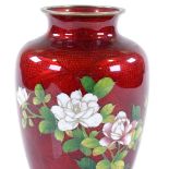 A Japanese red ground cloisonne enamel vase with rose design, signed under the foot, height 18cm