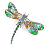 A sterling silver emerald ruby marcasite and plique a jour enamel dragonfly brooch, wingspan 55.6mm,