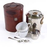 WMF travelling Tea for Two picnic set in original cylindrical leather case, mid-20th century,