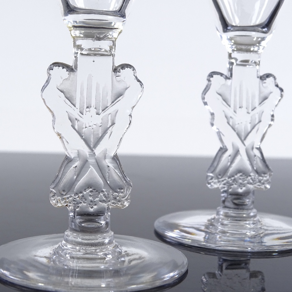 Rene Lalique set of 3 glasses with funnel-shaped bowls and moulded Classical figure design stems, - Image 2 of 3