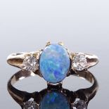 An unmarked gold 3-stone opal triplet and white sapphire ring, setting height 8.5mm, size L, 1.9g