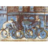 Mid-20th century linocut print, cyclists, unsigned, 13" x 18", framed