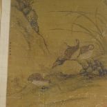 A Japanese watercolour on silk circa 1900, depicting birds and rushes, signed, modern frame, overall