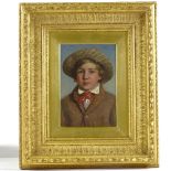 19th century oil on board, portrait of a boy in a hat, unsigned, 7.5" x 5", framed