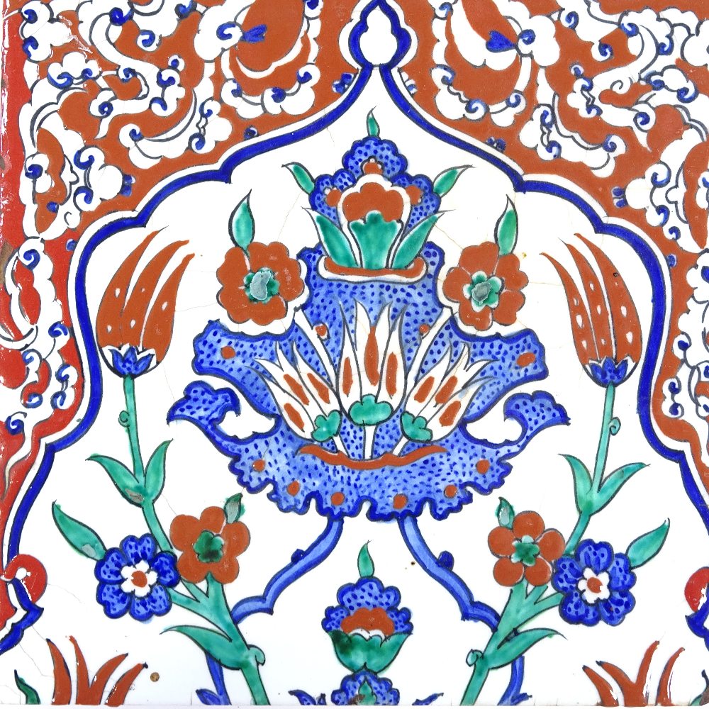 A Turkish painted pottery tile, 25cm x 25cm