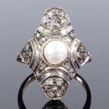 An unmarked gold pearl and rose-cut diamond panel ring, panel height 24.5mm, size P, 4.7g