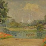 Early 20th century oil on board, boating lake, indistinctly signed, 20" x 23", and a pair of