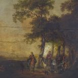 18th century oil on wood panel, travellers in a woodland clearing, 19" x 26", framed