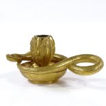 A 19th century gilt-bronze entwined serpent-design candle holder, length 17cm
