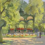 D W Burley, oil on board, the bandstand, signed, 18" x 21.5", framed