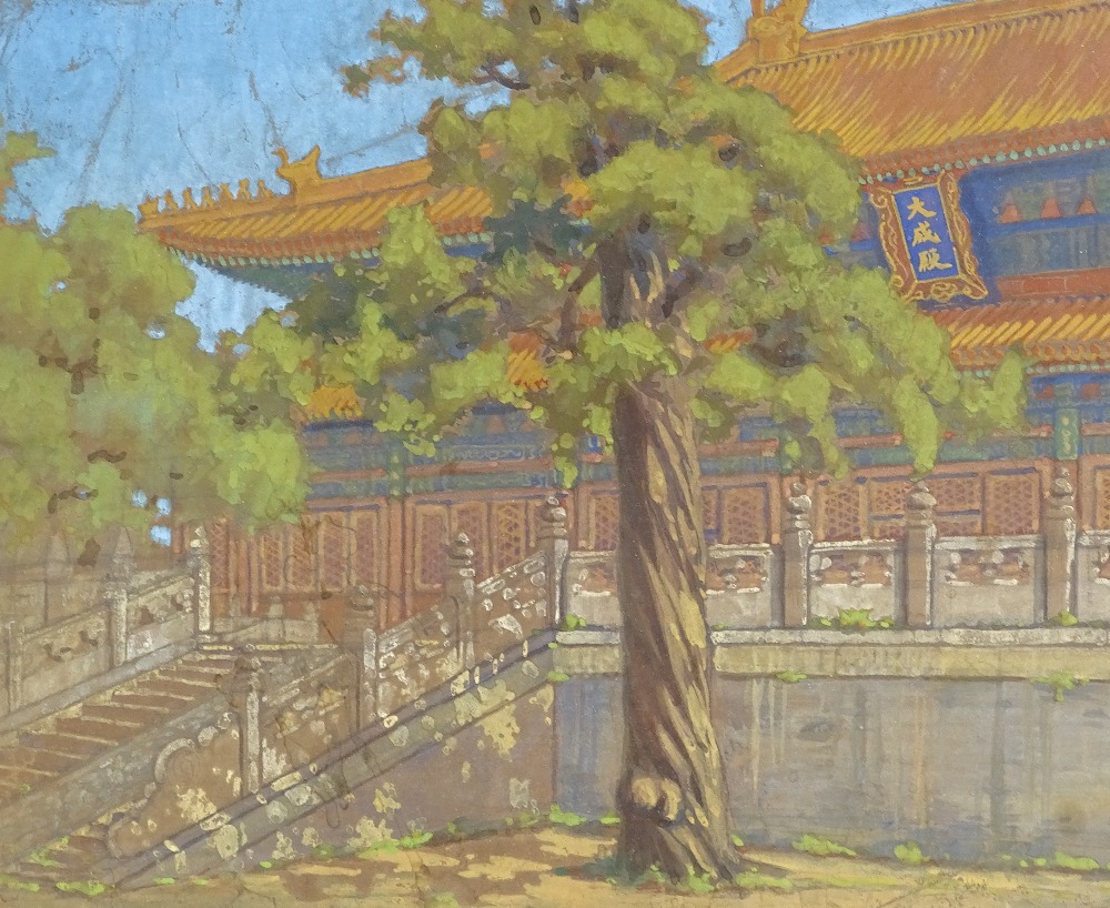 Chinese School, watercolour/gouache, circa 1920s, temple buildings, 13.5" x 19", framed