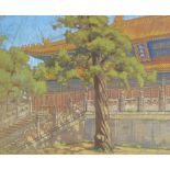 Chinese School, watercolour/gouache, circa 1920s, temple buildings, 13.5" x 19", framed