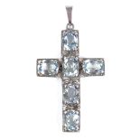 A 9ct white gold aquamarine cross pendant, height excluding bale 42.4mm, 6.8g