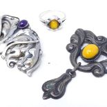 2 Art Nouveau silver stone set brooches, together with a sterling silver stone set ring, size R,
