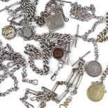 9 various silver Albert chains, some with fobs, T-bars and dog clips, 400g total (9)
