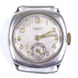J W BENSON - a silver cushion-cased mechanical wristwatch head, silvered dial with gilded Arabic
