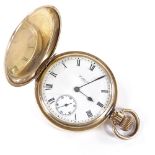 WALTHAM - a gold plated full hunter side-wind pocket watch, white enamel dial with Roman numeral