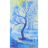 Kent Onah (born 1964), oil on paper, blue landscape, 20" x 12.5", framed