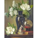 H F Richardson, oil on canvas, still life flowers and ceramics, signed, 27" x 20", framed