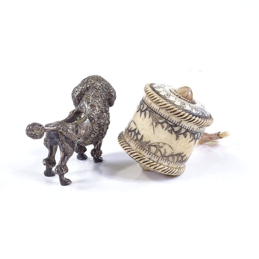 An Edwardian cast-silver Poodle design pin cushion (no cushion), length 6.5cm, and an engraved - Image 2 of 7