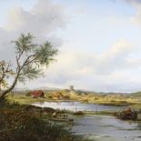 Frederik Marianus Kruseman (1816 - 1882), oil on wood panel, gamekeepers in extensive river