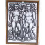 Harry Brockway, charcoal on paper, Adam and Eve, 1987, signed, 31" x 22", framed