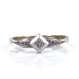 A 9ct gold 3-stone diamond ring, with platinum-top settings, setting height 5.5mm, size L, 1.6g