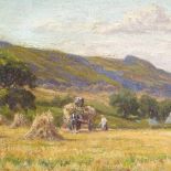 19th century oil on board, haymaking scene, unsigned, 7.5" x 11.5", framed