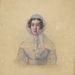Pair of 19th century watercolours, portraits of women, unsigned, 7" x 6", maple frames