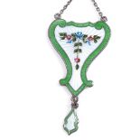 An Art Nouveau silver and coloured enamel lavaliere pendant necklace, with engine turned sunburst