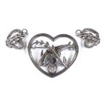 A Georg Jensen Danish sterling silver demi-parure comprising heart-shaped double dolphin brooch,