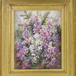 A D Lucas, watercolour, grasshopper in summer flowers, signed, 4.5" x 3.75", framed