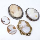 3 relief carved cameo brooches, largest height 55.5mm, together with 2 loose cameo panels (5)
