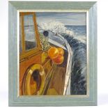 Oil on canvas, boat on rough seas, indistinctly signed, 16" x 13", framed