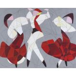 Mixed media gouache/pencil on paper, abstract dancers, indistinctly signed, 18" x 23", framed