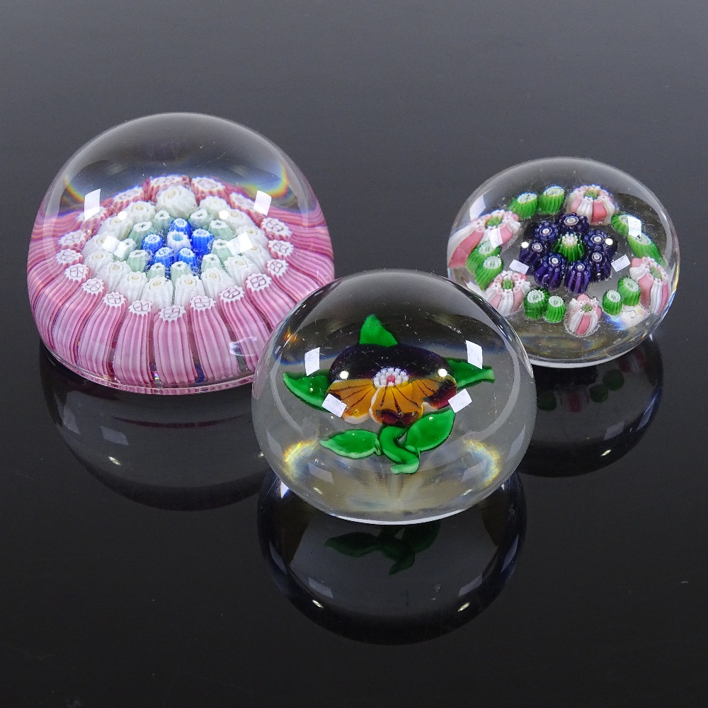 3 various Millefiori glass paperweights, largest 5.5cm across
