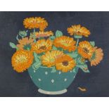 John Hall Thorpe, woodcut print, Marigolds, signed in pencil, image 9" x 11.5", framed