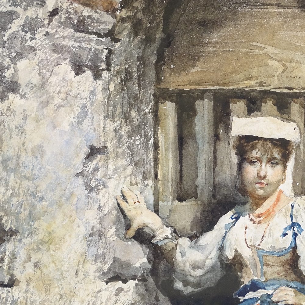 Carlo Randanini, watercolour, Italian girl in a doorway, signed and dated 1880, 19.5" x 13.5", - Image 4 of 4
